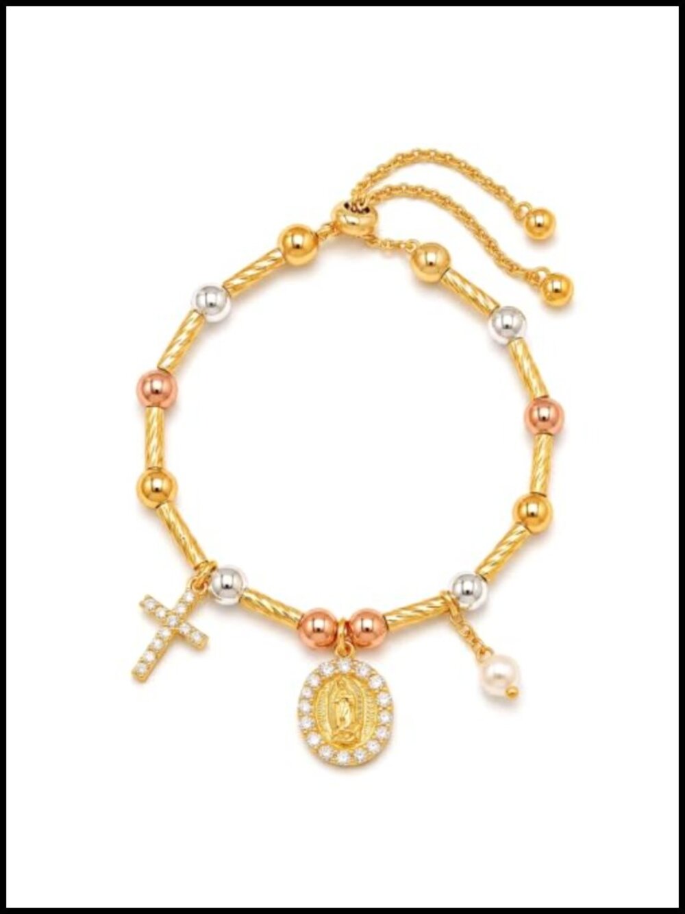 Gold Tone Cross Charm Bracelet with Virgin Mary Medal Pearl Beaded Chain
